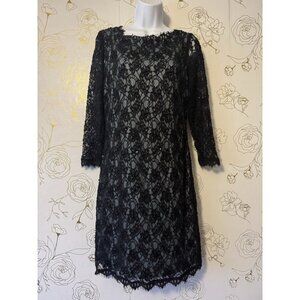 Adrianna Papell Dress Size 12 Formal Black Beaded Lace Long Sleeve Blue Mini
